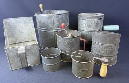 Vintage & Antique Tin Flour Sifters 7 total in different sizes by different makers.  Signs of