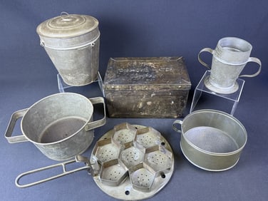 Vintage Tin Kitchen Items Diamond Match Box Company metal box, 2 strainers, pudding mold, biscuit