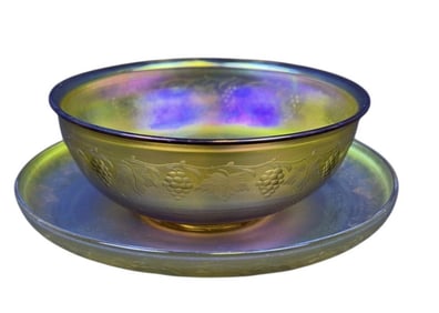 L.C. Tiffany Iridescent Favrile Glass Bowl & Plate Bowl measures 4.75 x 2 inches. Plate measures