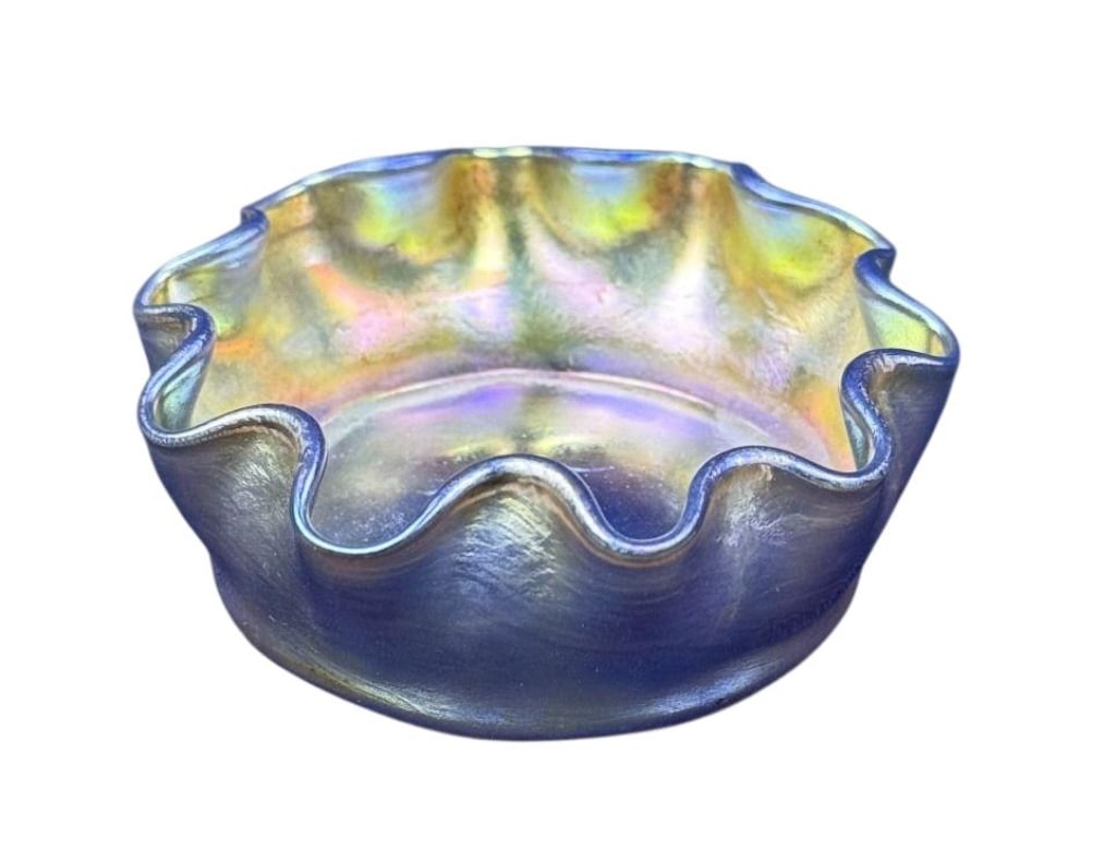 L.C. Tiffany Favrile Iridescent Glass Salt Cellar 2.5 x .75 inches. Free from damage. See photos for: 2.5 x .75 inches. Free from damage. See photos for further item details and condition information.
