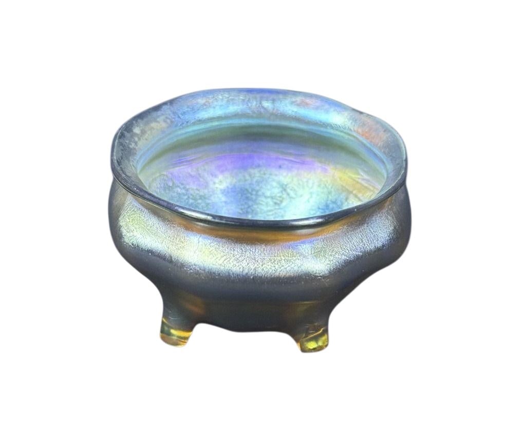 L.C. Tiffany Iridescent Glass Salt Cellar 2.25 x 1.25 inches. Free from damage. See photos for: 2.25 x 1.25 inches. Free from damage. See photos for further item details and condition information.