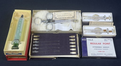 Vintage Glass Syringes and Hypodermic Needles 4 Syringes 2 boxes of needles. One sealed. One