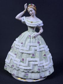 Sitzendorf Godey’s Fashions Figurine 1863 January 6.75 inches tall. 5 inches wide.