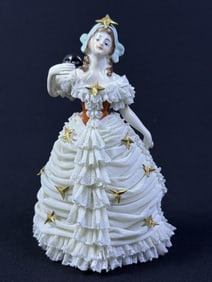Sitzendorf Godey’s Fashions Figurine 1863 February 6.75 inches tall. 4.5 inches wide.  Very tip of