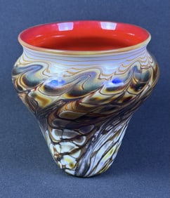 Orient & Flume Art Glass Vase 1990. 6 inches tall.  Opening 5 inches wide. Base 2 inches wide.