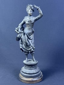 Antique Bronze Newel Post Figurine On wooden base. 17.5 inches tall. Cracked around neck and on