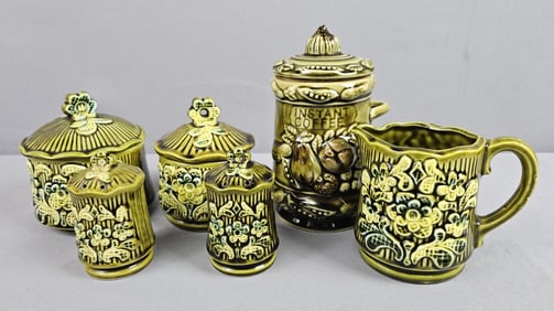Vintage Tilso Ceramic Japanese Coffee Set c. 1960s, featuring a distinctive olive green color with a