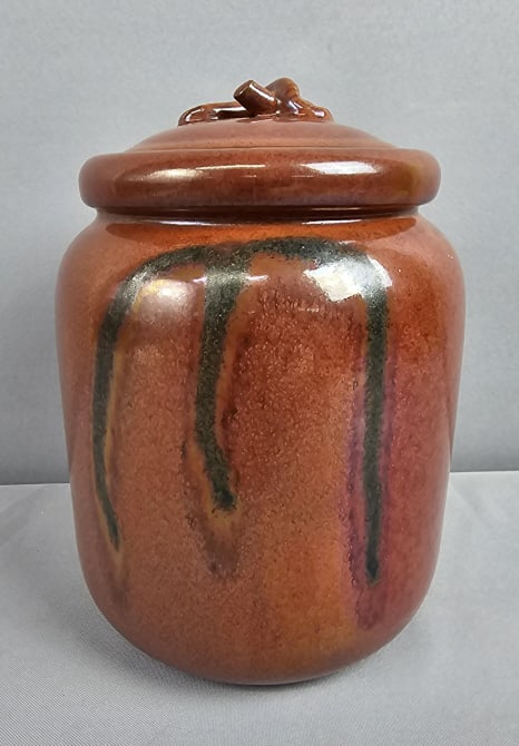 Vintage Mikasa Larry Laslo Glazed Stoneware Canister Jar: Canister Jar Canister measures 7 inches by 9 inches tall. Small glaze chip on bottom. Please see images for details regarding the condition.