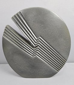 Italian Gray Ribbed Round Decorative Vase Measures 12 inches wide x 12 inches tall. Free from