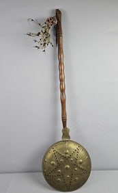 Antique Brass with Wooden Handle Bed Warmer Bed warmer measures 38 inches long. Crack in handle near
