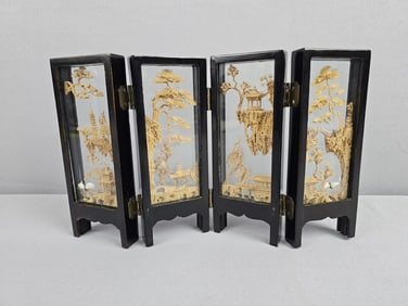 Vintage Chinese Carved Cork Desktop Folding Screen Screen measures 6.5 inches tall