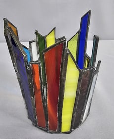 Vintage Handcrafted Stained Glass Candle Holder Measures 5 inches tall. Free from damage, chips or