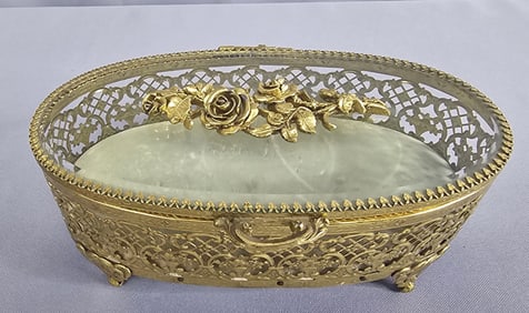 Vintage Matson Gold Ormolu Oval Rose Jewelry Trinket Box