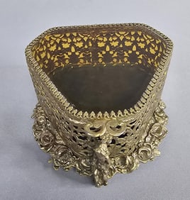 Vintage Gold Tone Ormolu Filigree Beveled Glass Jewelry Box Casket with Cherub Feet