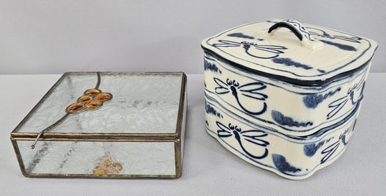 Leaded Glass Trinket Box & Blue and White Dragonfly Lidded Porcelain Box