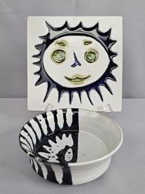 Signed Studio Pottery Bowl & Bennington Vermont Pottery Sun Trivet Tile