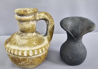 Small Vintage Primitive Handcrafted Pottery Pieces Measure 4-5.5 inches tall. Pitcher with chip