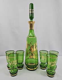 Vintage Green & Gold Trimmed Bohemian Decanter & Glasses