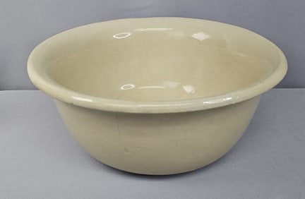 Antique Yellow Ware Stoneware Bread Mixing Bowl Measures 14 x 6 inches tall. Crazing. Chips and