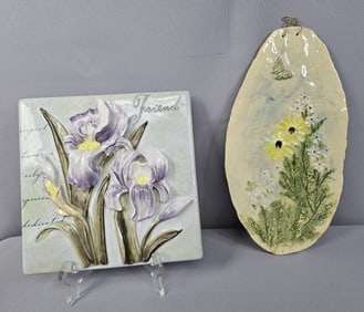 Decorative Floral Wall Plaques Tiles Square one measures 8 x 8 inches. Second one measures 6 x 11