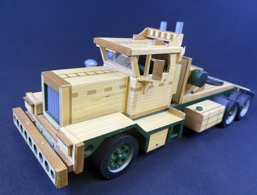 Hand Crafted Wooden Semi Truck Toy With rolling wheels opening hood and removable engine. One side