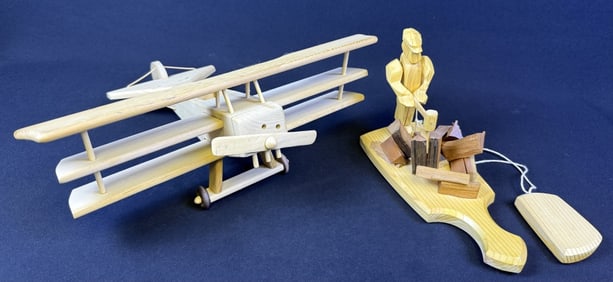 Handcrafted Wooden Tri-Plane & Chopping Toy Plane 14 inches wide 5.5 inches tall 13 inches long.