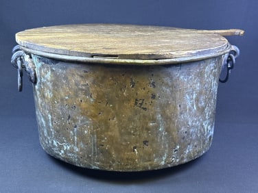 Antique Extra Large Copper Cauldron Iron Handles With wooden