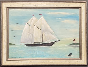 Original Naval Oil Painting Signed Oil painting of a Canadian clipper ship with Canadian lighthouse