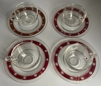 Vintage Glass Plates & Cups Set of Eight Clear glass plates with red rims with clear glass