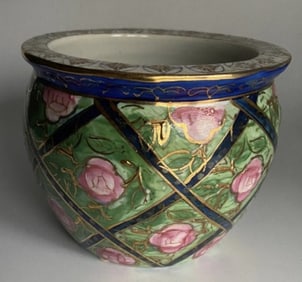 Lemax Cloisonné Flower Pot Vase Pretty pink, blue, and green ceramic flower