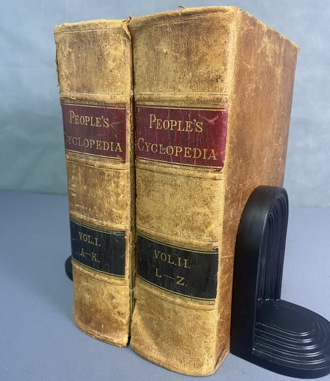 Antique Books Peoples Cyclopedia Set of Two Leather bound books with marbled end pages and (1 of 13)