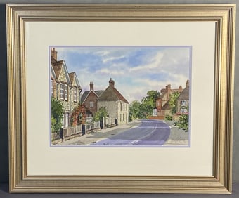 British Village Watercolor Painting Signed Original painting of an English village, signed Joyla