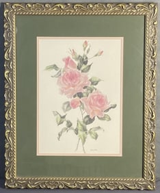 Pink Rose Watercolor & Pencil Signed Artwork in pencil and watercolor, signed Caren Heine. Painting