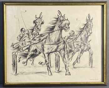 Marilyn Privitera Sulky Racing Lithograph Framed lithograph of three sulky or harness racing horses.