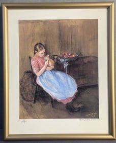 Tasha Tudor Girl and Cat Lithograph Signed Lithograph of a girl in pink dress with blue apron