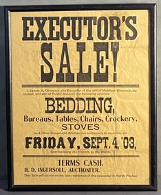 Antique Executors Sale Advertisement 1903 Sale notice from September of 1903 for the sale of the