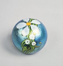 Orient & Flume Glass Paperweight Floral Approximately 3.25 x 3 inches.  Signed "Braley" Free from