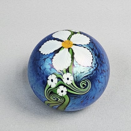 Orient & Flume Glass Paperweight Floral Approximately 3.25 x 3 inches. Signed "Braley" Free from (1 of 6)