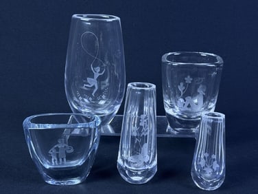 Orrefors Etched Crystal Art Glass Vase Lot 5 measuring between 3 and 6.5 inches tall, 2 and 3.5