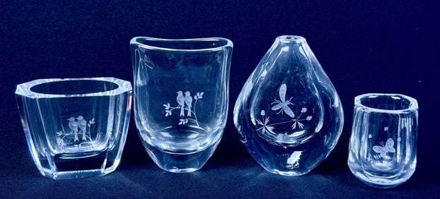Orrefors Etched Crystal Art Glass Vase Lot 4 measuring between 3 and 5 inches tall, 2 and 3.5 inches