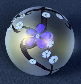 Zellique Art Glass Paperweight Floral Motif 1999 Measures 3 x 2.75 inches.
