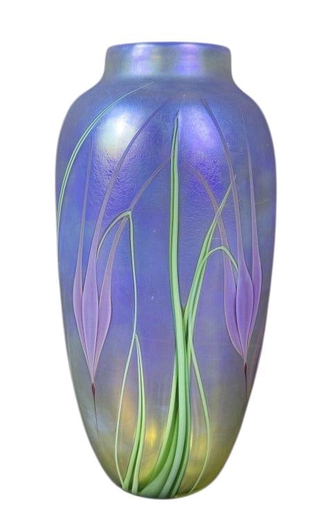 Orient & Flume Iridescent Art Glass Vase Signed: Signed "Burges" 11 x 5.5 inches. No cracks or chips. See photos for more item details and condition information.