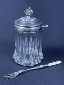 Antique Glass & Silver Plate Pickle Castor Jar With fork.