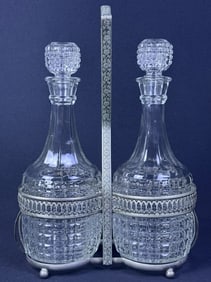 Vintage Scotch & Bourbon Decanters Silver Plate Stand measures 12.75 x 9 x 5 inches.  Bottles