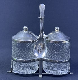 Vintage Sheffield Silver Plate Condiment Caddy Cut glass jars with lids and spoons. No cracks in