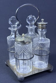 Vintage Cut Glass Silverplate Condiment Set 4 pieces. Missing spoon. Signs of age present overall