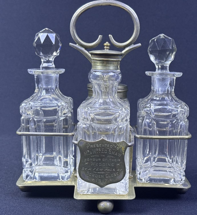 Antique Cruet Condiment Set Silverplate Cut Glass Dated 1917. (1 of 8)