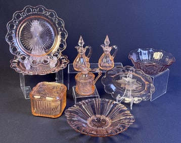 Assorted Vintage Pink Depression Glass 9 pieces. Plates dishes box and cruets. Please see photos for