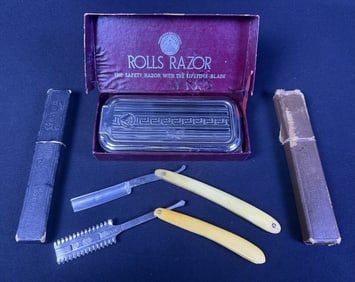 Vintage Rolls Razor & Straight Razors Lot 2 razors and Rolls Razor sharpener.