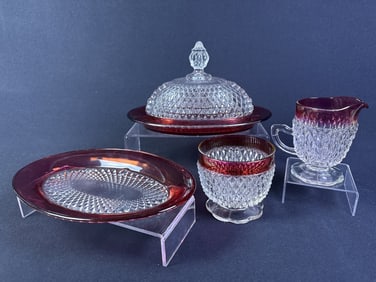 Indiana Glass Ruby Band Diamond Point Set Free from damage. See photos for further item details and